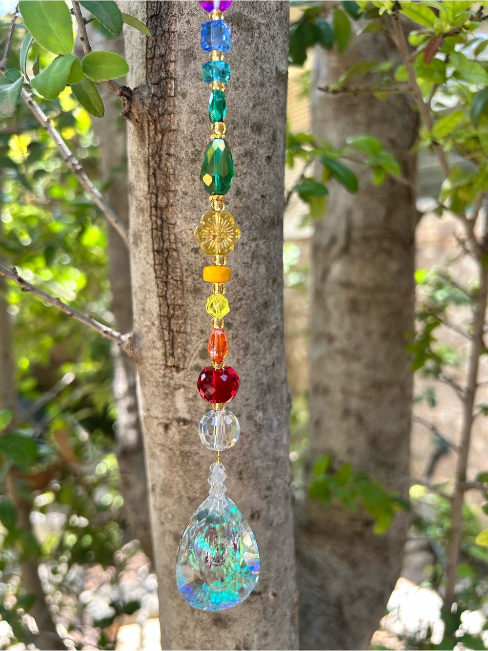 12.5” rainbow teardrop AB prism crystal beaded suncatcher sun charm decor